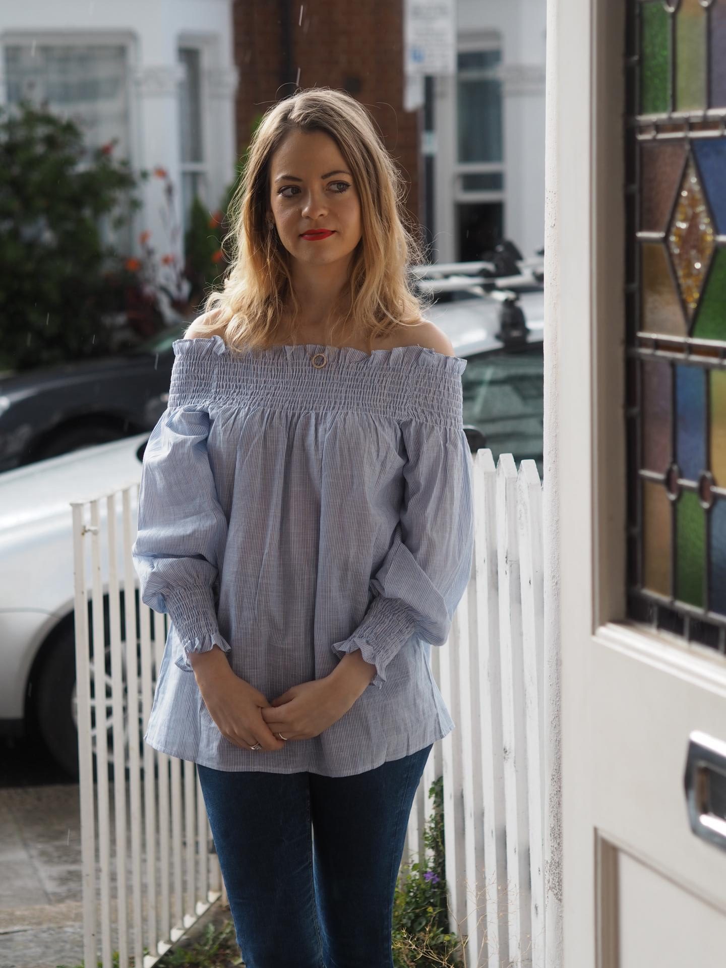 Off the shoulder Bardot top with Topshop jeans on fashion blogger