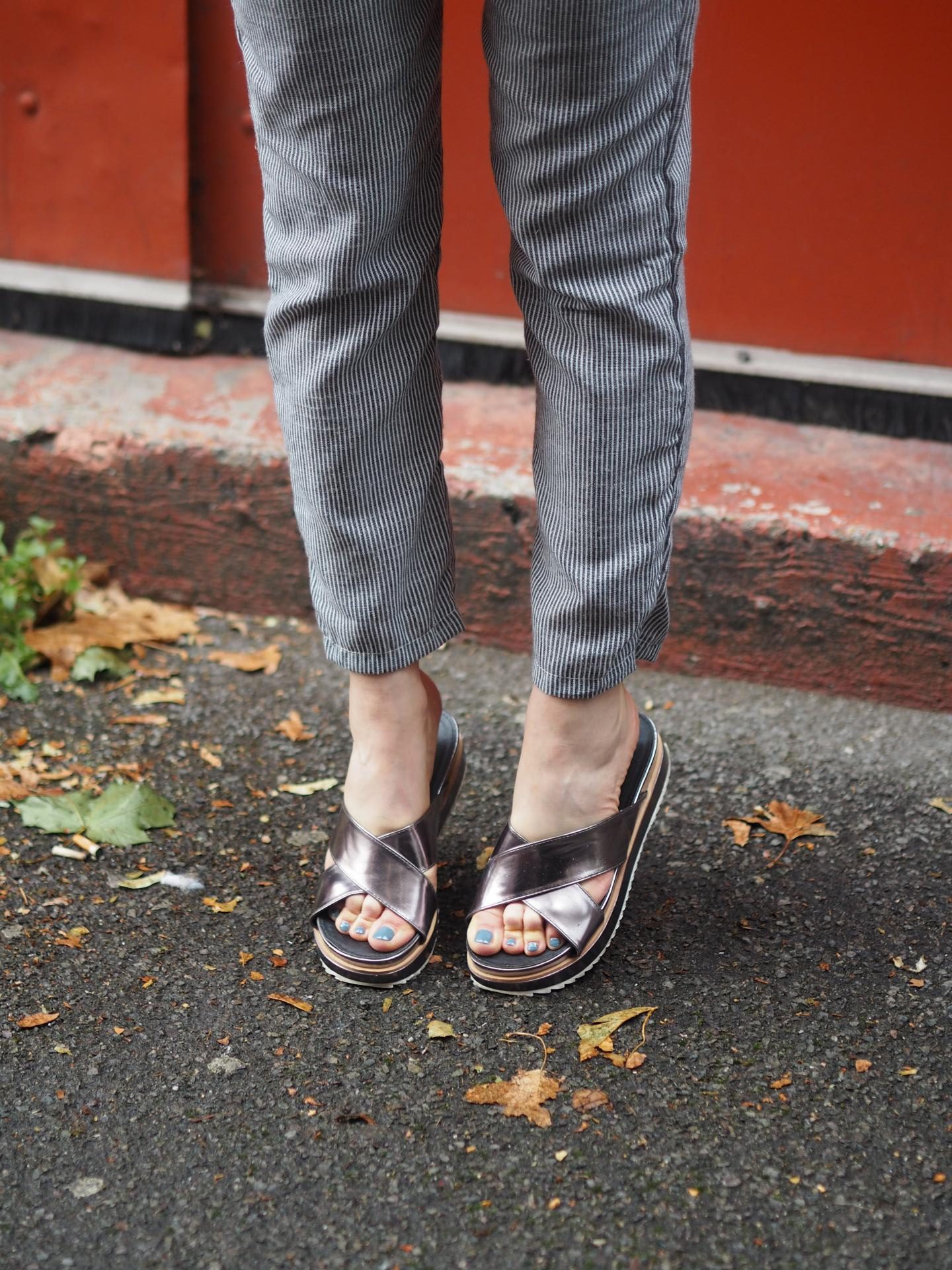 Metallic slides from Boohoo and Pajama Pants from Set Trendz