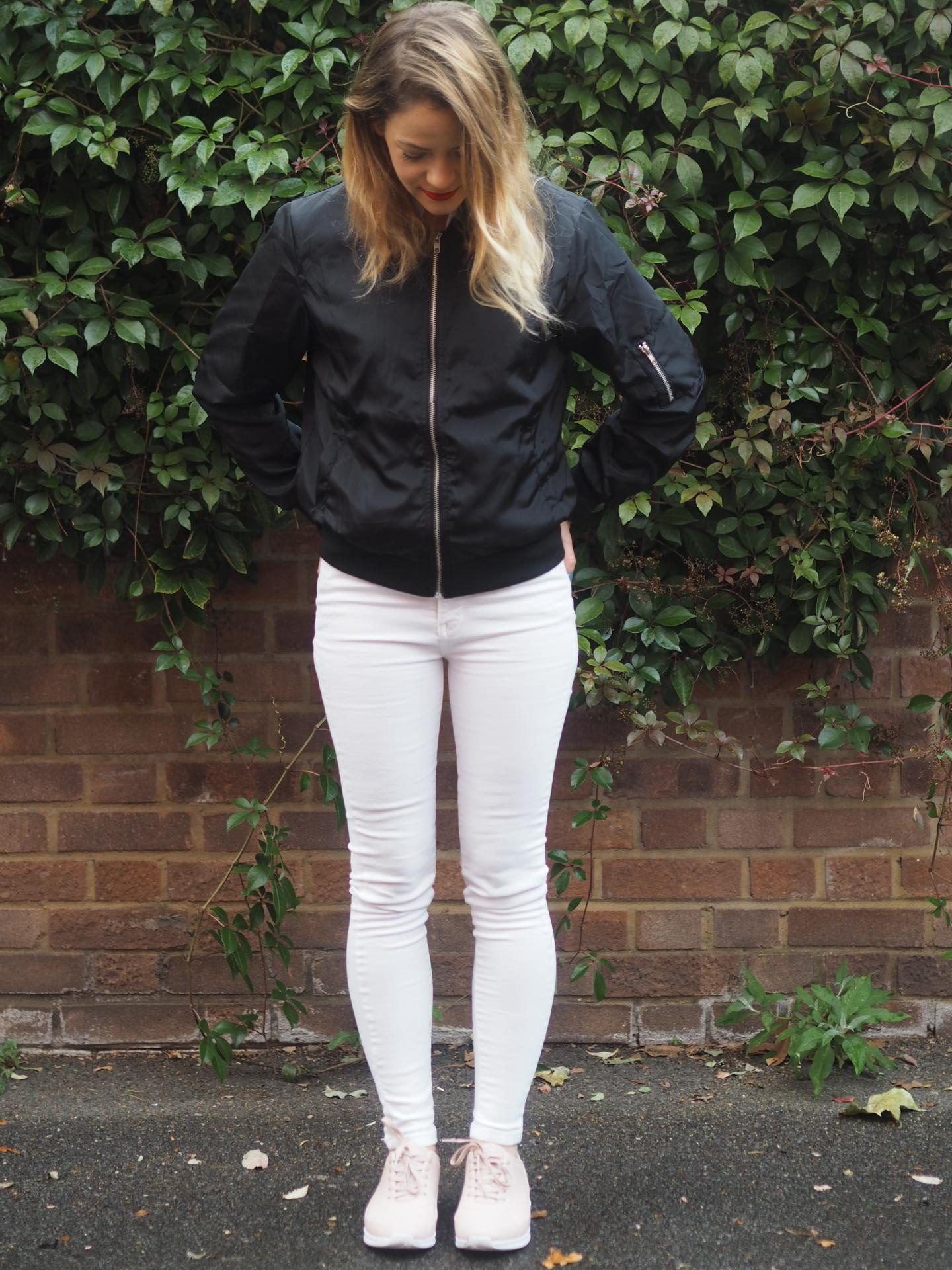 Navy bomber jacket from Set Trendz with salmon pink Lacoste shoes